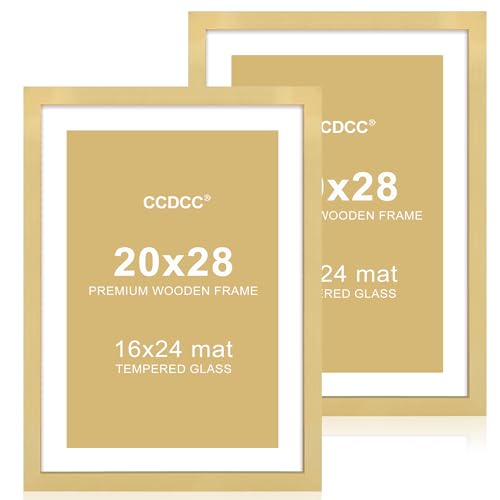 ccdcc 20x28 Posterrahmen 2er Set, 20x28 Holz Bilderrahmen mit Passepartout für 16x24, Holz Fotorahmen mit gehärteter Glasabdeckung für Wandmontage Display, Gold von ccdcc