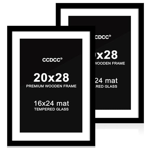 ccdcc 20x28 Posterrahmen 2er Set, 20x28 Holz Bilderrahmen mit Passepartout für 16x24, Holz Fotorahmen mit gehärteter Glasabdeckung für Wandmontage Display, Schwarz von ccdcc