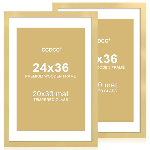 ccdcc 24x36 Posterrahmen 2er Set, 24 x 36 Holz Bilderrahmen mit Passepartout für 20x30, Holz Fotorahmen mit gehärteter Glasabdeckung für Wandmontage Display, Gold von ccdcc