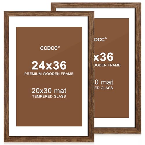 ccdcc 24x36 Posterrahmen 2er Set, 24x36 Holz Bilderrahmen mit Passepartout für 20x30, Holz Fotorahmen mit gehärteter Glasabdeckung für Wandmontage Display, Braun von ccdcc