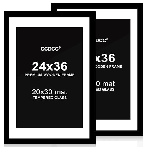 ccdcc 24x36 Posterrahmen 2er Set, 24x36 Holz Bilderrahmen mit Passepartout für 20x30, Holz Fotorahmen mit gehärteter Glasabdeckung für Wandmontage Display, Schwarz von ccdcc