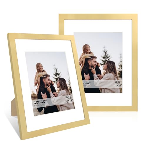 ccdcc 28 x 35 cm Bilderrahmen 2er Set 11 x 14 Holz Fotorahmen mit Passepartout für 20 x 25 cm Holzrahmen mit Echtglasabdeckung für Wand und Tischdisplay Gold von ccdcc