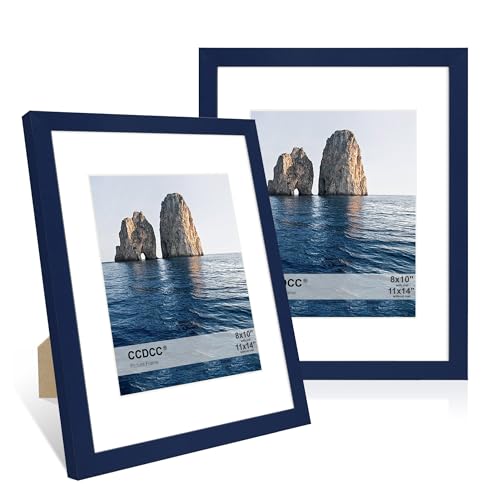 ccdcc 28 x 35 cm Bilderrahmen 2er Set 11 x 14 Holz Fotorahmen mit Passepartout für 20 x 25 cm Natur-Holzrahmen mit Echtglasabdeckung für Wand und Tisch-Display, Blau von ccdcc