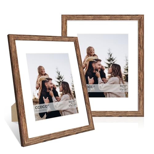 ccdcc 28 x 35 cm Bilderrahmen 2er Set 11 x 14 Holz Fotorahmen mit Passepartout für 20 x 25 cm Natur-Holzrahmen mit Echtglasabdeckung für Wand und Tisch-Display, rustikales Braun von ccdcc