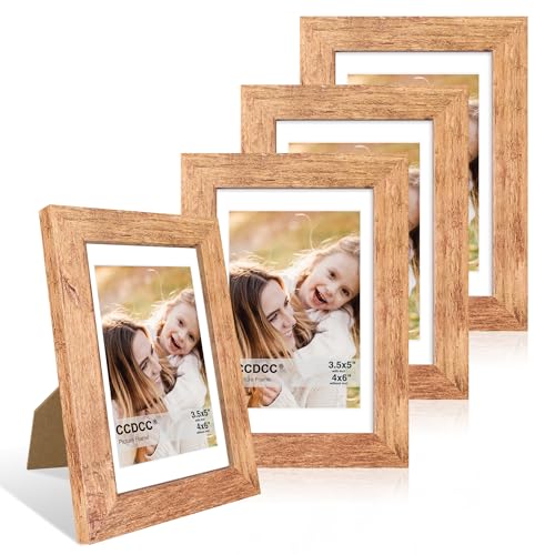 ccdcc 4 x 6 Bilderrahmen 4er Set, 4 x 6 Holz-Bilderrahmen mit Passepartout für 3,5 x 5, Natur-Holzrahmen mit Echtglasabdeckung für Wand und Tisch-Display, Braun von ccdcc