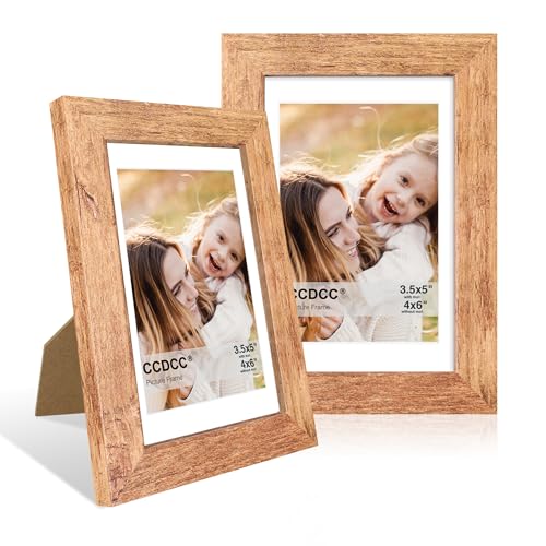 ccdcc 4x6 Bilderrahmen 2er Set, 4x6 Holz Fotorahmen mit Passepartout für 3,5x5, Naturholzrahmen mit Echtglasabdeckung für Wand und Tischdisplay, Braun von ccdcc