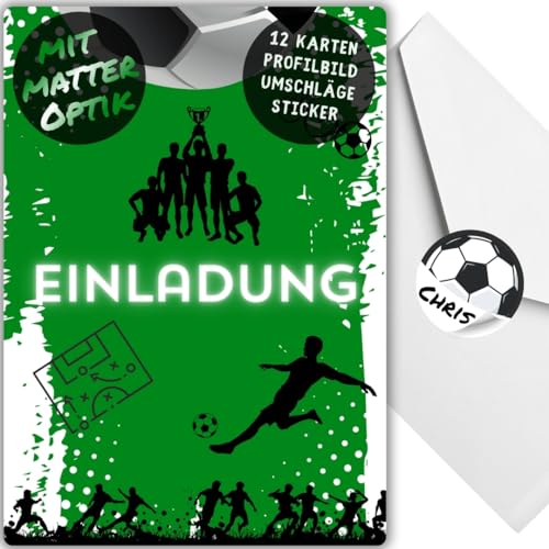 12x Fußball Einladungskarten - Für den Kindergeburtstag von Jungen & Mädchen - Coole grüne Fußball Geburtstagseinladungen + 12 Umschläge + 12 Sticker von celebr8te