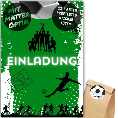 12x Fußball Einladungskarten - Für den Kindergeburtstag von Jungen & Mädchen - Coole grüne Fußball Geburtstagseinladungen +12 Sticker +12 Geschenktüten von celebr8te