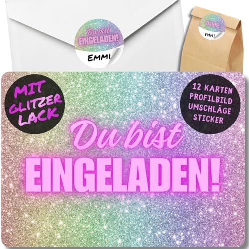 12x Glitzer Party Einladungskarten - Für den Kindergeburtstag von Mädchen - coole Glitzer Geburtstagseinladungen + 12 Umschläge + 24 Sticker + 12 Geschenktüten von celebr8te