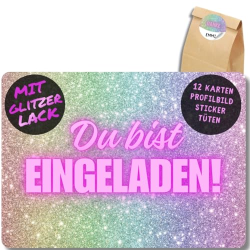 12x Glitzer Party Einladungskarten - Für den Kindergeburtstag von Mädchen - coole Glitzer Geburtstagseinladungen +12 Sticker +12 Geschenktüten von celebr8te