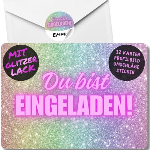 12x Glitzer Party Einladungskarten - Für den Kindergeburtstag von Mädchen - coole Glitzer Geburtstagseinladungen +12 Umschläge +12 Sticker von celebr8te