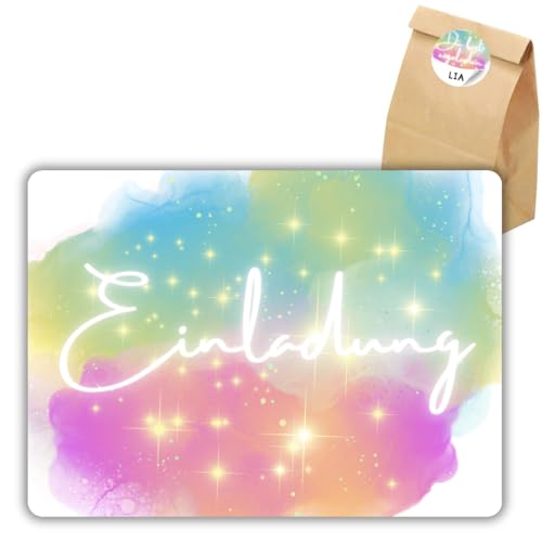 celebr8te 12x Glitzer Regenbogen Einladungskarten - Für den Kindergeburtstag von Mädchen - Glitzer Party Geburtstagseinladungen +12 Sticker +12 Geschenktüten von celebr8te