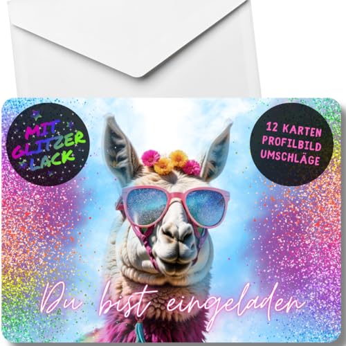 celebr8te 12x Party Lama Glitzer Einladungskarten - Für den Kindergeburtstag von Mädchen - Lustige Alpaka Geburtstagseinladungen +12 Umschlägen (weiß) von celebr8te