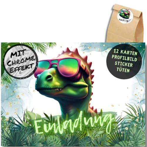 celebr8te 12x Dino Einladungskarten - Für den Kindergeburtstag von Jungen & Mädchen - Coole Party Dinosaurier Chrom Geburtstagseinladungen +12 Sticker + 12 Geschenktüten von celebr8te