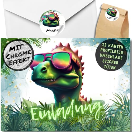 celebr8te 12x Dino Einladungskarten - Für den Kindergeburtstag von Jungen & Mädchen - Coole Party Dinosaurier Chrom Geburtstagseinladungen +12 Umschläge +24 Sticker +12 Geschenktüten von celebr8te