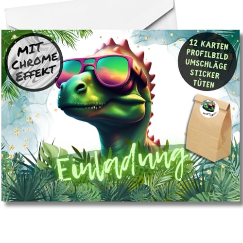 celebr8te 12x Dino Einladungskarten - Für den Kindergeburtstag von Jungen & Mädchen - Coole Party Dinosaurier Chrom Geburtstagseinladungen +12 Umschläge +24 Sticker + 12 Geschenktüten von celebr8te