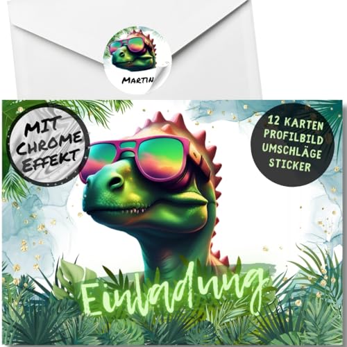 celebr8te 12x Dino Einladungskarten - Für den Kindergeburtstag von Jungen & Mädchen - Coole Party Dinosaurier Chrom Geburtstagseinladungen +12 Umschläge +12 Sticker von celebr8te