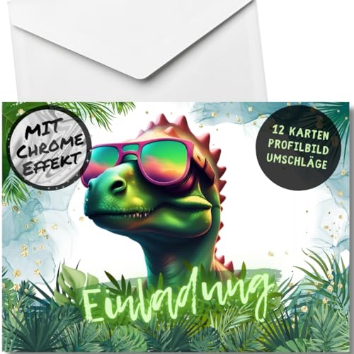 celebr8te 12x Dino Einladungskarten - Für den Kindergeburtstag von Jungen & Mädchen - Coole Party Dinosaurier Geburtstagseinladungen mit hochwertiger Chrom Verarbeitung von celebr8te