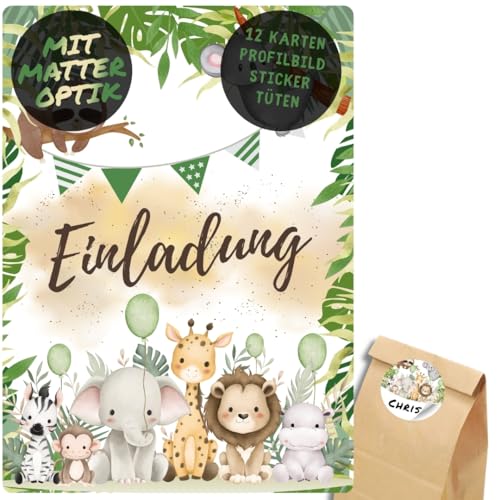 celebr8te 12x Dschungel Tiere Einladungskarten - Für den Kindergeburtstag von Jungen & Mädchen - Coole Partyeinladungen für Geburtstage + 12 Sticker + 12 Tüten von celebr8te