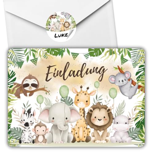 celebr8te 12x Dschungel Tiere Einladungskarten - Für den Kindergeburtstag von Jungen & Mädchen - Coole Partyeinladungen für Geburtstage + 12 Umschäge + 12 Sticker von celebr8te