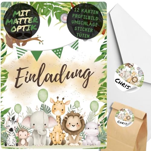 celebr8te 12x Dschungel Tiere Einladungskarten - Für den Kindergeburtstag von Jungen & Mädchen - Coole Partyeinladungen für Geburtstage +12 Umschläge +24 Sticker +12 Tüten von celebr8te