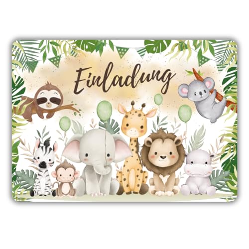 celebr8te 12x Dschungel Tiere Einladungskarten - Für den Kindergeburtstag von Jungen & Mädchen - Coole Partyeinladungen für Geburtstage inkl. Messenger Bild & Urlaubsgutschein von celebr8te