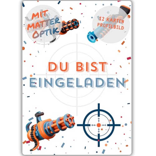 celebr8te 12x Einladungskarten im Spielzeug Shooter Design - Für den Kindergeburtstag von Jungen & Mädchen - Toy Gun Geburtstagseinladungen + 12 Umschläge + 12 Sticker von celebr8te