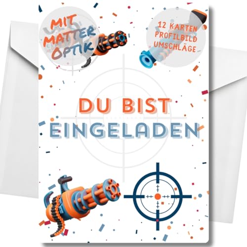 celebr8te 12x Einladungskarten im Spielzeug Shooter Design - Für den Kindergeburtstag von Jungen & Mädchen - Toy Gun Geburtstagseinladungen mit hochwertiger Verarbeitung von celebr8te