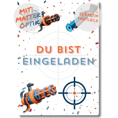 celebr8te 12x Einladungskarten im Spielzeug Shooter Design - Für den Kindergeburtstag von Jungen & Mädchen - Toy Gun Geburtstagseinladungen inkl. Messenger Bild & Urlaubsgutschein von celebr8te