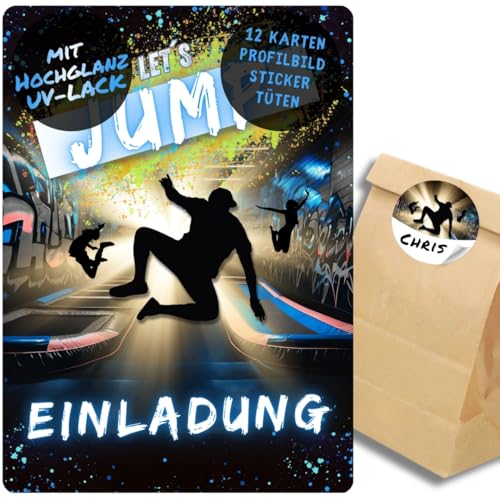 celebr8te 12x Einladungskarten im blauen Jump Trampolin Design - Für den Kindergeburtstag von Jungen im Jumphouse Trampolinpark + 12 Sticker + 12 Tüten von celebr8te