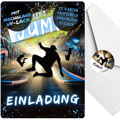 celebr8te 12x Einladungskarten im blauen Jump Trampolin Design - Für den Kindergeburtstag von Jungen im Jumphouse Trampolinpark + 12 Umschäge + 12 Sticker von celebr8te