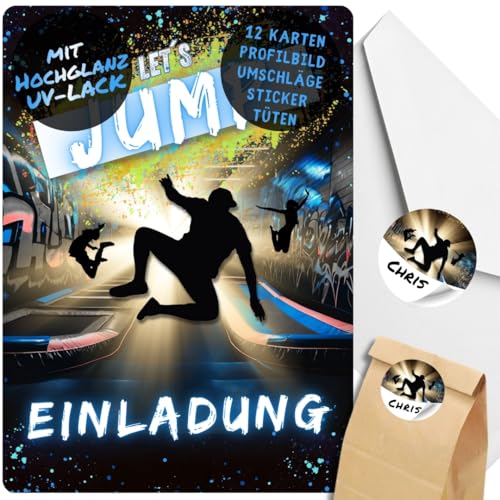 celebr8te 12x Einladungskarten im blauen Jump Trampolin Design - Für den Kindergeburtstag von Jungen im Jumphouse Trampolinpark + 12 Umschäge + 24 Sticker + 12 Tüten von celebr8te