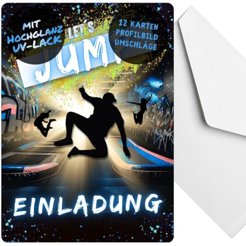 celebr8te 12x Einladungskarten im blauen Jump Trampolin Design - Für den Kindergeburtstag von Jungen im Jumphouse Trampolinpark + 12 Umschläge von celebr8te