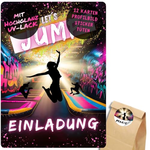 celebr8te 12x Einladungskarten im pinken Jump Trampolin Design - Für den Kindergeburtstag von Mädchen im Jumphouse Trampolinpark + 12 Sticker + 12 Tüten von celebr8te