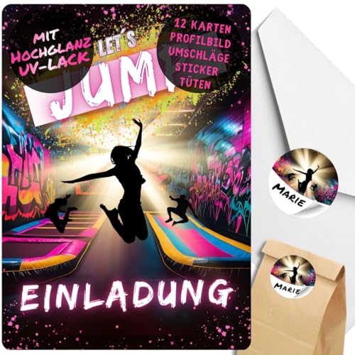 celebr8te 12x Einladungskarten im pinken Jump Trampolin Design - Für den Kindergeburtstag von Mädchen im Jumphouse Trampolinpark + 12 Umschäge + 24 Sticker + 12 Tüten von celebr8te