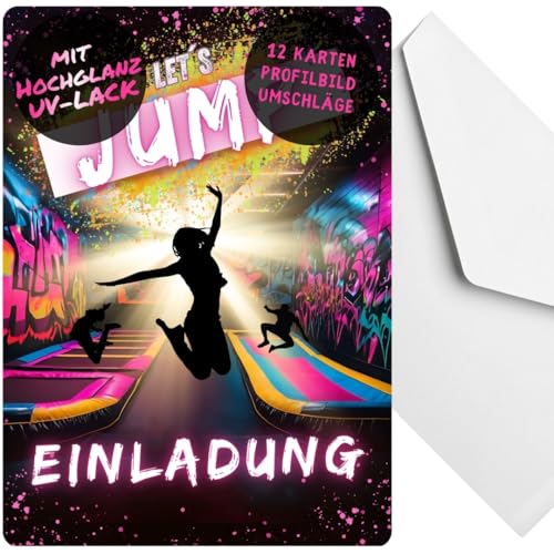 celebr8te 12x Einladungskarten im pinken Jump Trampolin Design - Für den Kindergeburtstag von Mädchen im Jumphouse Trampolinpark + 12 Umschläge von celebr8te