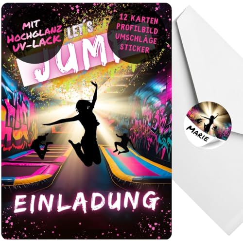 celebr8te 12x Einladungskarten im pinken Jump Trampolin Design - Für den Kindergeburtstag von Mädchen im Jumphouse Trampolinpark +12 Umschäge + 12 Sticker von celebr8te