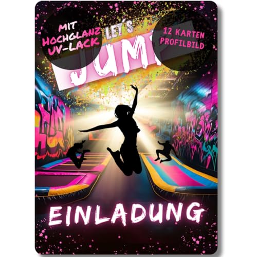 celebr8te 12x Einladungskarten im pinken Jump Trampolin Design - Für den Kindergeburtstag von Mädchen im Jumphouse Trampolinpark inkl. Messenger Bild & Urlaubsgutschein von celebr8te