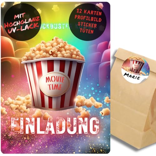 celebr8te 12x Einladungskarten mit Movie Popcorn Kino Motiv - Für den Kindergeburtstag von Jungen & Mädchen - Coole Partyeinladungen für den perfekten Kino Filme Abend +12 Sticker +12 Tüten von celebr8te