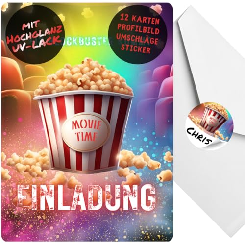 celebr8te 12x Einladungskarten mit Movie Popcorn Kino Motiv - Für den Kindergeburtstag von Jungen & Mädchen - Coole Partyeinladungen für den perfekten Kino Filme Abend +12 Umschäge +12 Sticker von celebr8te