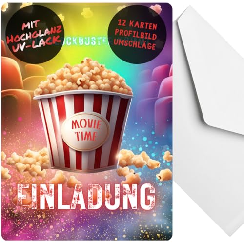 celebr8te 12x Einladungskarten mit Movie Popcorn Kino Motiv - Für den Kindergeburtstag von Jungen & Mädchen - Coole Partyeinladungen für den perfekten Kino Filme Abend +12 Umschläge von celebr8te