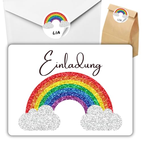 celebr8te 12x Einladungskarten mit Regenbogen Glitzer Motiv - Für den Kindergeburtstag von Mädchen - Bunte Geburtstagseinladungen +12 Umschläge +24 Sticker +12 Geschenktüten von celebr8te