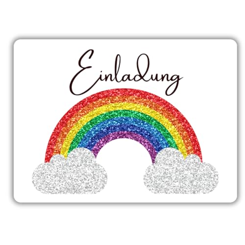 celebr8te 12x Einladungskarten mit Regenbogen Glitzer Motiv - Für den Kindergeburtstag von Mädchen - Bunte Geburtstagseinladungen inkl. Messenger Bild & Urlaubsgutschein von celebr8te