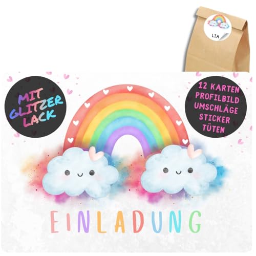 celebr8te 12x Einladungskarten mit Regenbogen Glitzer Motiv - Für den Kindergeburtstag von Mädchen - Bunte Partyeinladungen + 12 Sticker + 12 Tüten von celebr8te