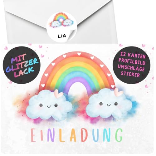 celebr8te 12x Einladungskarten mit Regenbogen Glitzer Motiv - Für den Kindergeburtstag von Mädchen - Bunte Partyeinladungen + 12 Umschäge + 12 Sticker von celebr8te