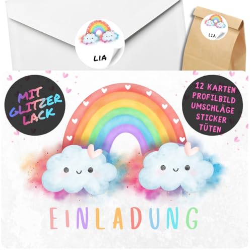 celebr8te 12x Einladungskarten mit Regenbogen Glitzer Motiv - Für den Kindergeburtstag von Mädchen - Bunte Partyeinladungen + 12 Umschäge + 24 Sticker + 12 Tüten von celebr8te