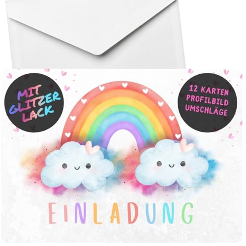 celebr8te 12x Einladungskarten mit Regenbogen Glitzer Motiv - Für den Kindergeburtstag von Mädchen - Bunte Partyeinladungen + 12 Umschläge von celebr8te