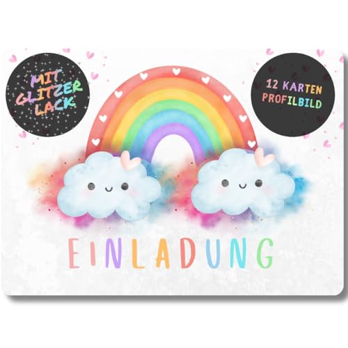 celebr8te 12x Einladungskarten mit Regenbogen Glitzer Motiv - Für den Kindergeburtstag von Mädchen - Bunte Partyeinladungen mit hochwertiger Verarbeitung von celebr8te