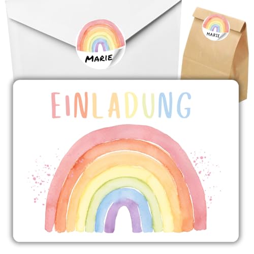 celebr8te 12x Einladungskarten mit Regenbogen Hochglanz Motiv - Für den Kindergeburtstag von Mädchen - Bunte Geburtstagseinladungen +12 Umschläge +24 Sticker +12 Geschenktüten von celebr8te