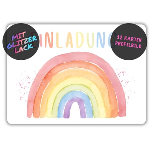 celebr8te 12x Einladungskarten mit Regenbogen Hochglanz Motiv - Für den Kindergeburtstag von Mädchen - Bunte Geburtstagseinladungen inkl. Messenger Bild & Urlaubsgutschein von celebr8te